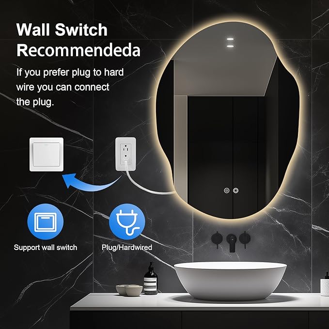 Asymmetrical LED Bathroom Mirror with Lights,Irregular Led Bathroom Vanity Mirror for Wall with Backlit, Anti Fog, 3 Colors and Dimmable Light,[Horizontal/Vertical] 40" H x 30" W