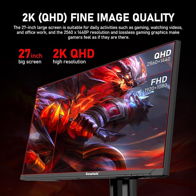 Gawfolk 27 inch 2K QHD(2560×1440) PC Screen, 180Hz Gaming Monitor, 1ms Without Bezel, FreeSync,100% sRGB, 178° Wide Viewing Angle, HDMI2.0、DisplayPort, 75 * 75MM Wall Mount Compatible - Black