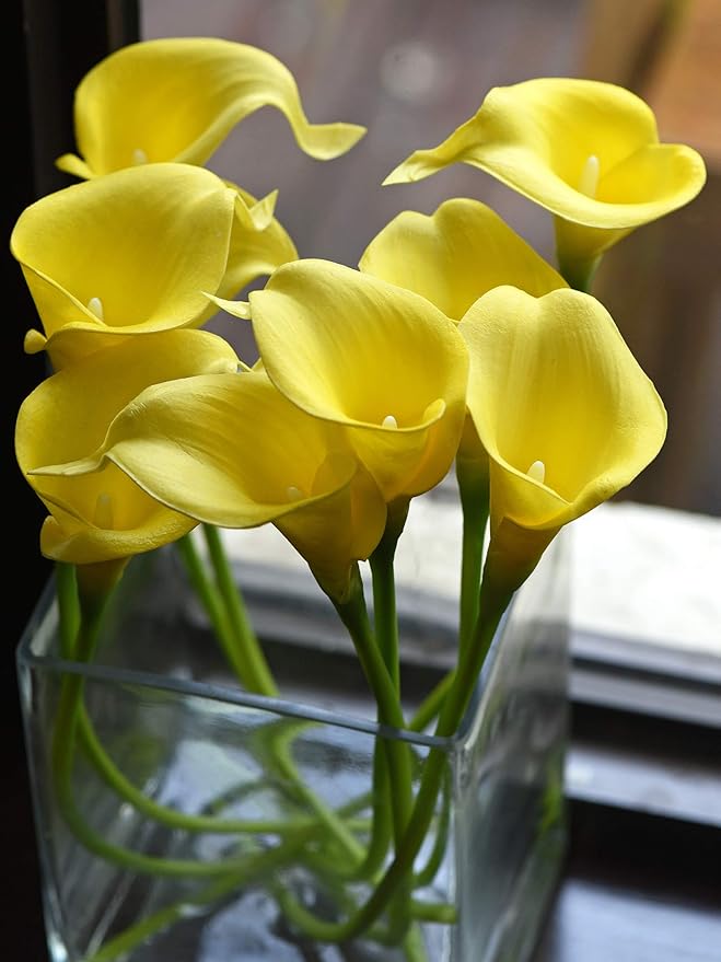 FiveSeasonStuff Real Touch Calla Lily Artificial Flowers Wedding Bridal Bouquet | Floral Arrangements | 15 Calla Lilies (Lemon Yellow)