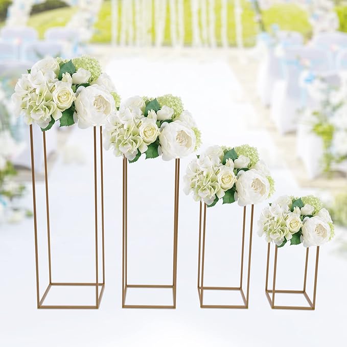 4PC Flower Stand for Wedding Metal Cylinder Stands for Party Rectangular Gold Centerpieces Flower Vase Gold Columns for Weddings Flower Plant Stand Decoration 15.74"/23.62"/31.49"/39.37"