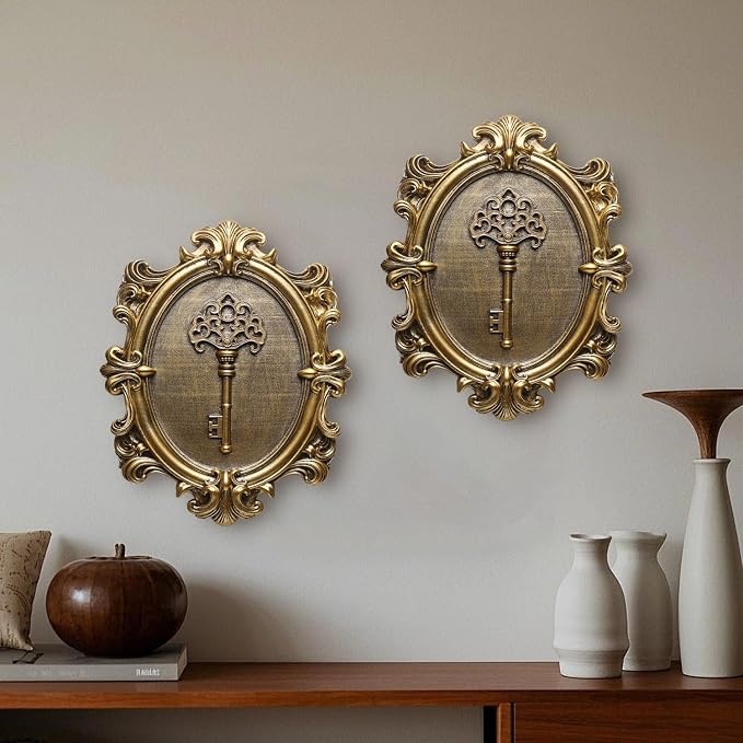 Vintage Key Wall Sculptures 2 Pack Antique Wall Decor Hallway Wall Art for Home Hand Painted Decoration with Embossed Key Design Vintage Decor for Living Room Bedroom Gallery Unique Gifts (Gold keys)