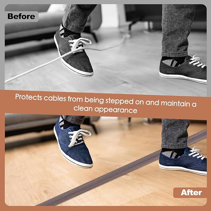 Floor Cord Cover for Wires on Floor Self Adhesive Cord Hider Floor Cable Management Wire Covers for Cords Protector Prevent Cable Trips Cord Cavity W 0.51" x H 0.31", Grayish Brown Wood, 10Ft