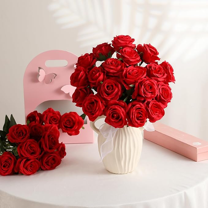 Kisflower 60 Pcs Red Roses Artificial Flowers Bulk, Silk Roses with Stems Real Look Artificial Red Roses for Decoration DIY Wedding Bouquet Bridal Shower Party Home Table Centerpieces Decor (Red)