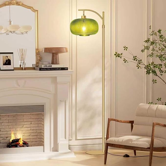Glass Floor Lamp for Living Room, Modern Standing Lamp for Bedroom, Dimmable Tall Lamp with Shade, Remote,12W LED Bulb Included (Gold+Green)
