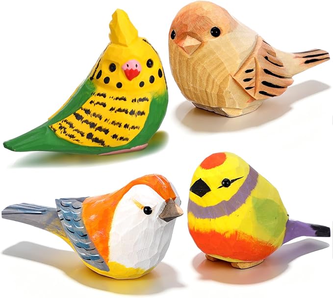 Novabright Hand-Carved Wooden Bird Statue Set of 4, Colorful Lifelike Miniature Figurines for Home Decor, Shelf Accents, Rustic Table Decorations & Bird Lover Gifts