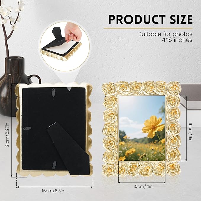 Rose 4x6 Picture Frame, Gold Vintage Antique Picture Frames with Glass Front, Elegant Retro Carved Ornate Photo Frame, Resin Photo Frames for Tabletop or Wall Hanging, Vertical or Horizontal Photos Display