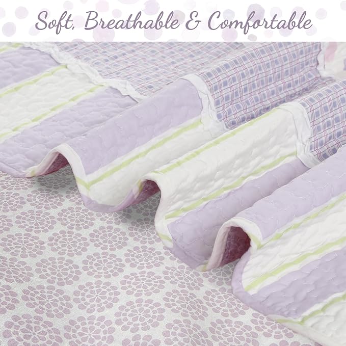 Cozy Line Home Fashions Lavender Green Stripe Dots Girl 100% Cotton Reversible Quilt Bedding Set, All-Season Coverlet Bedspread (Purple Dots, Queen - 3 Piece)