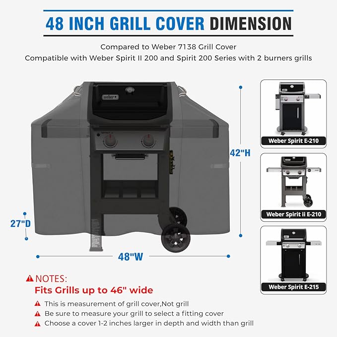 KINGLY Heavy Duty 48 Inch Grill Cover for Weber Spirit 200 and Spirit II 200 Series,600D Waterproof Fade Resistant 48 Inch BBQ Gas Grill Cover for Outdoor Grill with Straps,Compared to Weber 7138