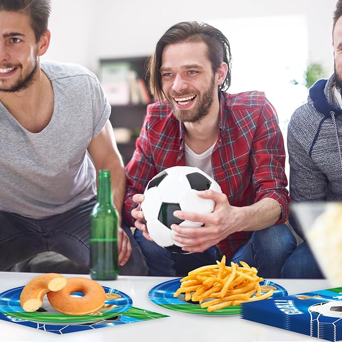 Generic 48Pcs Blue and Green Soccer Party Decorations: Plates, Napkins, Forks for 20 Guests - Soccer Birthday Party Decorations