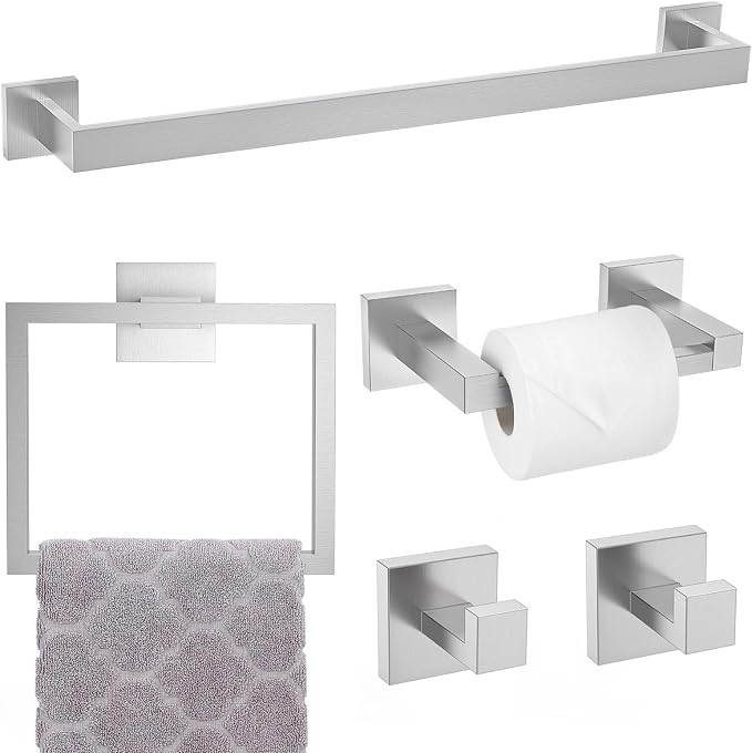 Brushed Nickel Towel Bar Set,5-Piece Bathroom Hardware Set Includes Upgraded Double Base Paper Towel Holder Modern Square Towel Holder Set,Stainless Steel Wall Mount 23.6 Inch