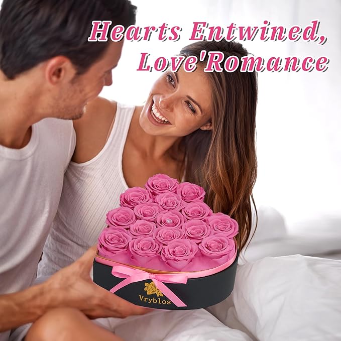 16 Pieces Forever Flower Heart Shape in a Box Preserved Blue Roses for Delivery Grade A Quality 100% Real Immortal Flowers Eternal Birthday for Her Mom Women Wife Girlfriends (Pink)