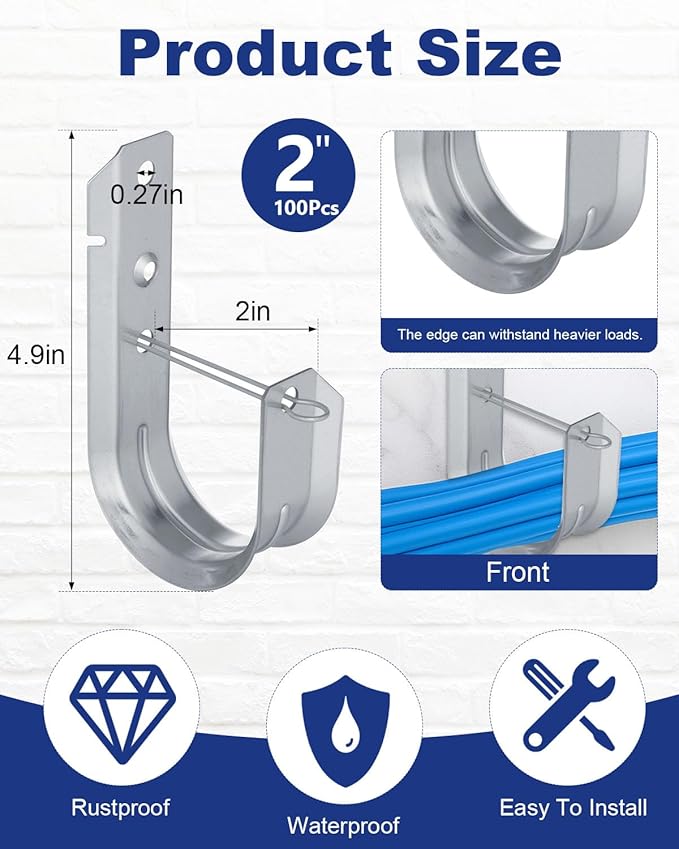 100 Pcs 2" Galvanized Steel J-Hooks, Heavy Duty Wall Mount Cable Support J Hook with Retainer Clip for Cable Management