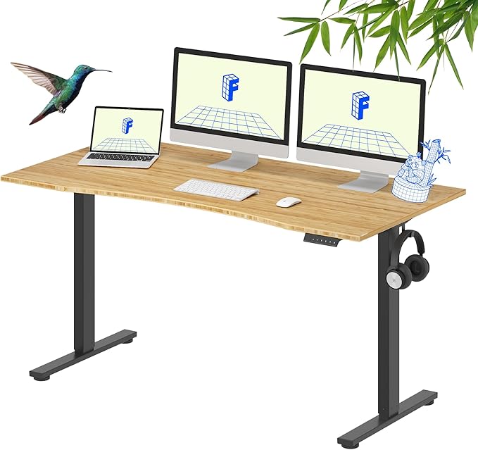 FLEXISPOT EN1 Bamboo Standing Desk, 60 x 30 Inches One-Piece Electric Adjustable Height Desk for Home Office (Black Frame + Bamboo Curved Desktop, 2 Packages)