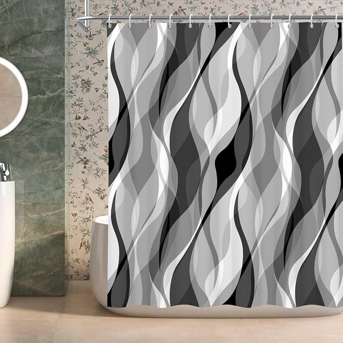 Grey Shower Curtains Black and White Modern Abstract Striped Bathroom Curtain Minimalist Geometric Polyester Shower Curtain Sets for Bathroom Extra Long 69x70 in with 12 Hooks