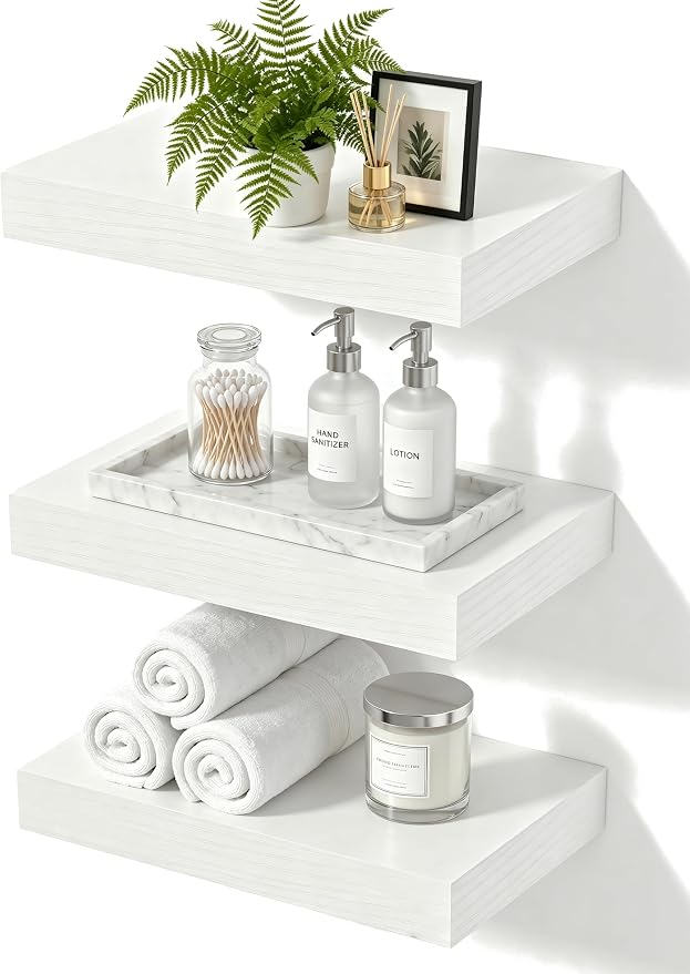 Floating Shelves, White Wooden Set of 3 Wall Mounted Bathroom Shelves Over Toilet, Modern Small Hanging Shelves for Bedroom Living Room Kitchen Home Decor Storage, 12" x 7" x 1.5"