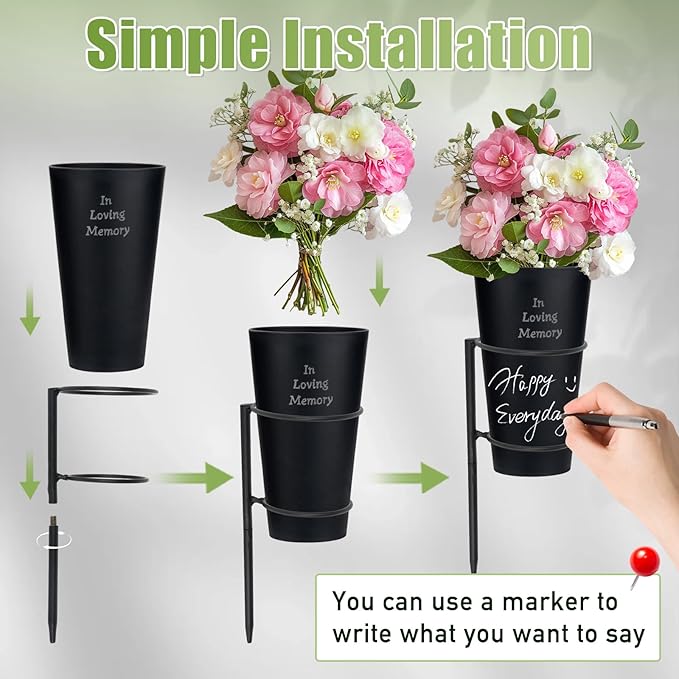 Engraving Metal Cemetery Vases Flower Holder with Spikes Memorial vases for Grave Vase Decorations for Cemetery Vase Flower Holder for Memorial Grave Lawn Yard Funeral Headstone Decor with Freely DIY