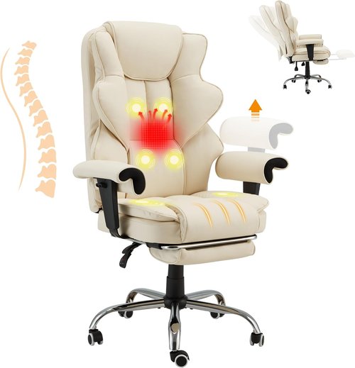 HOMREST Executive Massage Chair - Ergonomic Heat & Reclining Office Chair with Footrest | Off White
