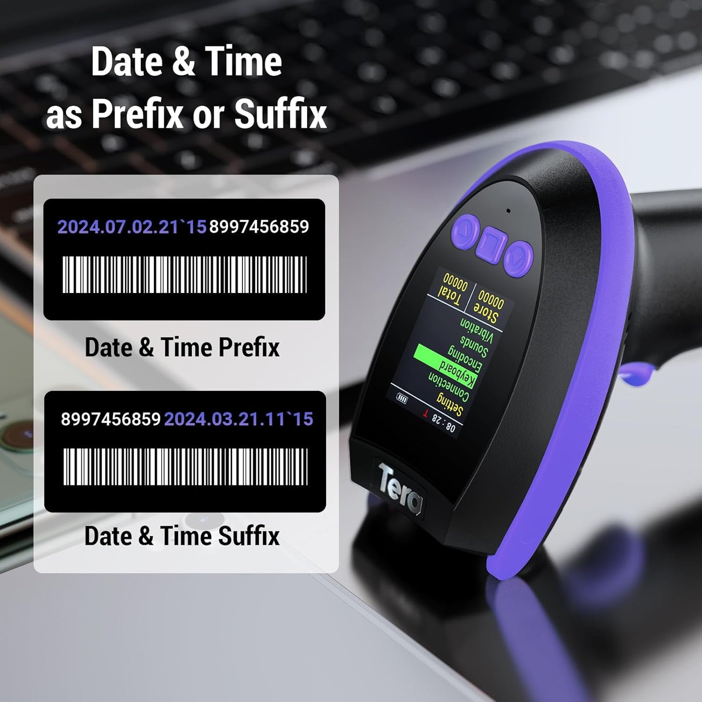Tera Wireless 2D Barcode Scanner - Pro Version with Digital Screen & Keypad | Fast Scanning, Purple