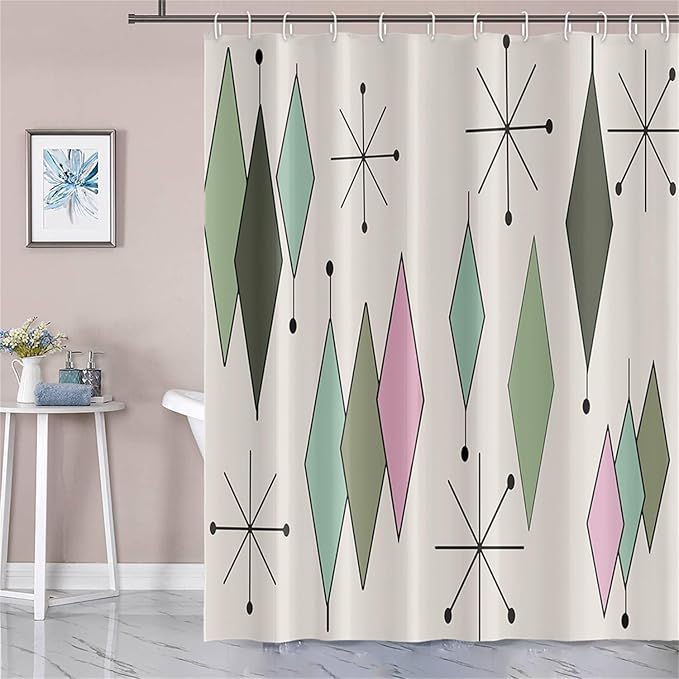 Mid Century Shower Curtain Modern Abstract Green Pink Diamond Geometric Atomic Starburst Pattern for 1950s Retro Bathroom Decor Accessories Shower Curtain Set with 12 Hooks, 72x84 Inches