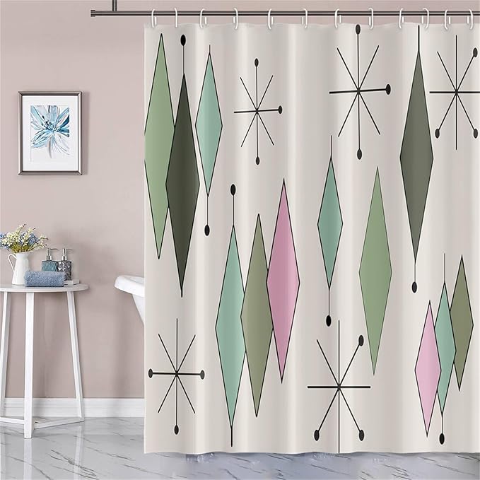 Mid Century Shower Curtain Modern Abstract Green Pink Diamond Geometric Atomic Starburst Pattern for 1950s Retro Bathroom Decor Accessories Shower Curtain Set with 12 Hooks, 65x72 Inches