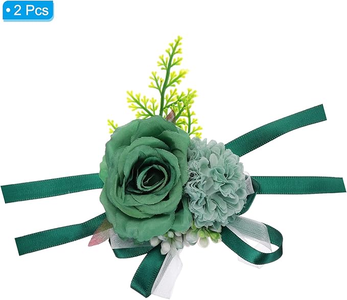 PATIKIL Artificial Wrist Corsage for Prom, Artificial Flower Wrist Corsages Band Rose Wrist Corsage Wristlet Hand Decor for Wedding Prom Party Accessory - 2 Pack (Dark Green)