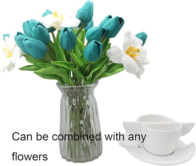 Artificial Flowers 10 Heads Mini Real Touch Artificial Tulip for Home Wedding Party Centerpiece Decoration (Dark Teal)