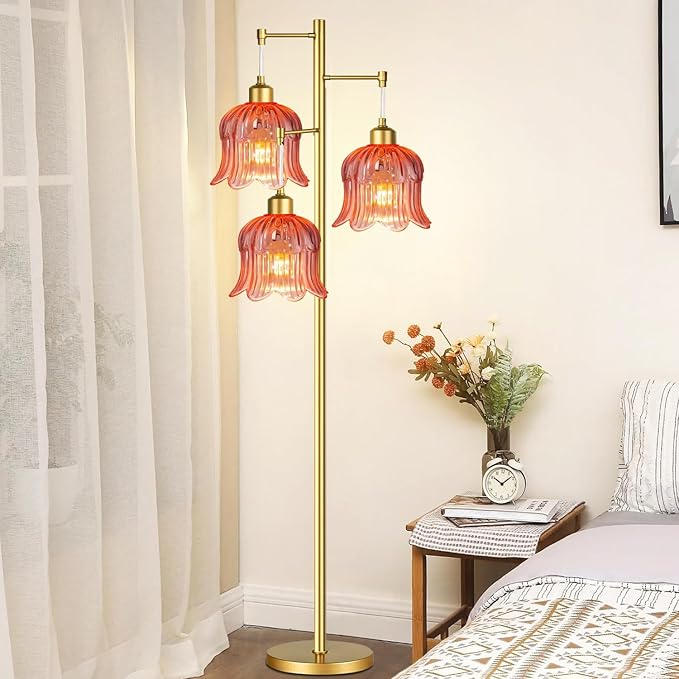 QIYIZM Pink Floor Lamp for Living Room,Bedroom,Gold Mid Century Modern Standing Lamp Brass Tree 3 Light Tall Floor Lamps Floor Lights Glass Flower Lamp Shade Girls Kids Boho Bohemian