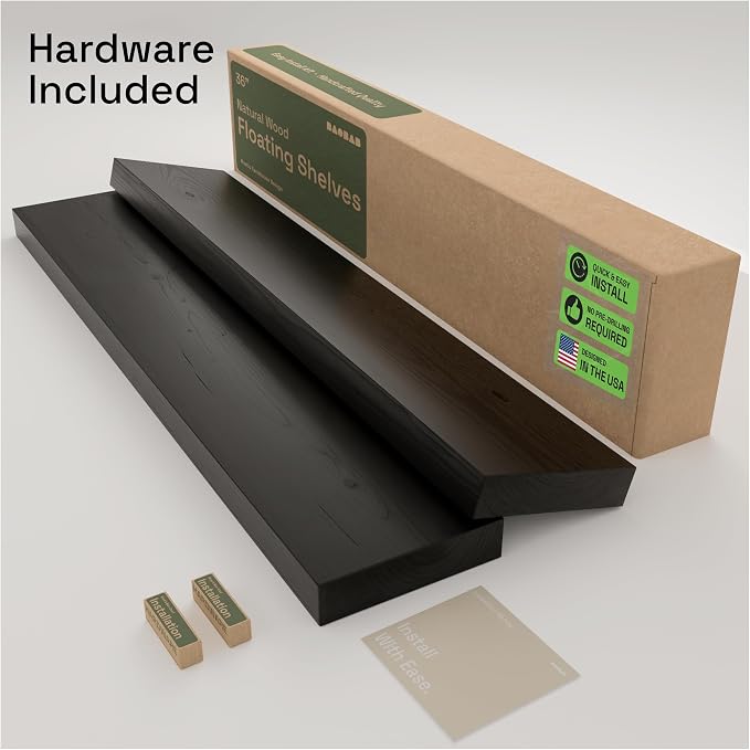 BAOBAB WORKSHOP Wood Floating Shelves for Wall 36 Inches Long - Heavy Duty Wall Shelf for Bedroom, Solid Wooden Bathroom Shelves Large 36 Inch Kitchen Farmhouse - Black Shelf, 36W × 6.7D, Set of 2