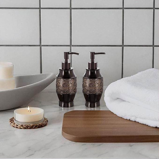 Creative Scents Dublin Brown Bathroom Soap Dispenser Set of 2 - Decorative Resin 8 Oz. Hand Soap and Lotion Dispenser Bottles with Durable Matching Pumps - Bathroom Countertop Accessories Decor