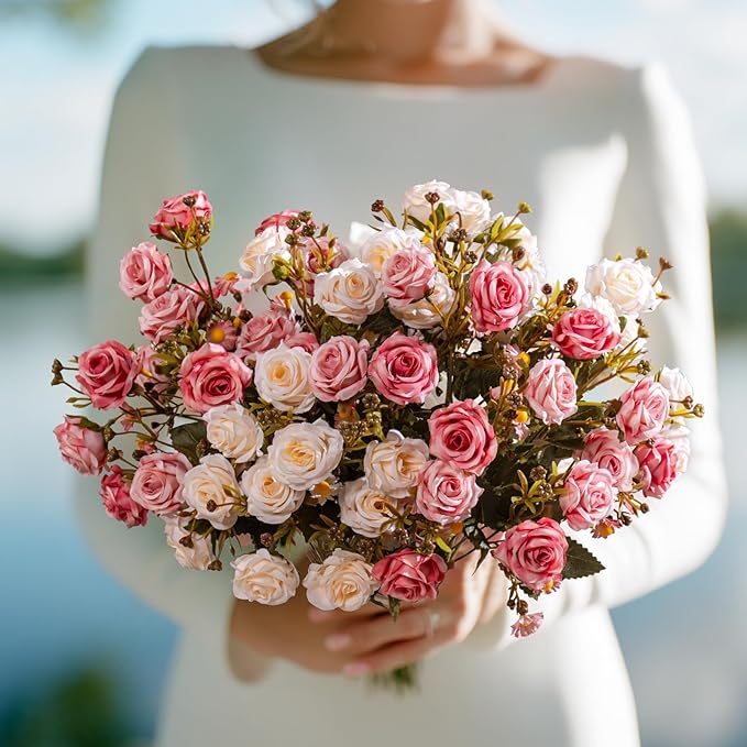 Artificial Rose Flowers for Outdoor 4 Bundles Rose Bouquet with Daisy Faux Flowers UV Resistant for Home Indoor Outside Garden Porch Window Box Balcony Yard Porch Decor (White+Pink)