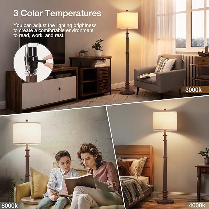 Floor Lamps for Living Room - 60" Resin Farmhouse Floor Lamp with Adjustable Color Temperatures - Vintage Standing Lamp Reading Light with Linen Shade Tall Lamp for Bedroom Office, Reddish Brown