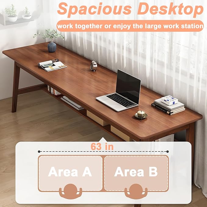 63" Long Solid Wood Desk Mid Century Modern Desk, Home Office Computer Desk, Simple Solid Wood Writing Desk Study Table Workstation, Walnut