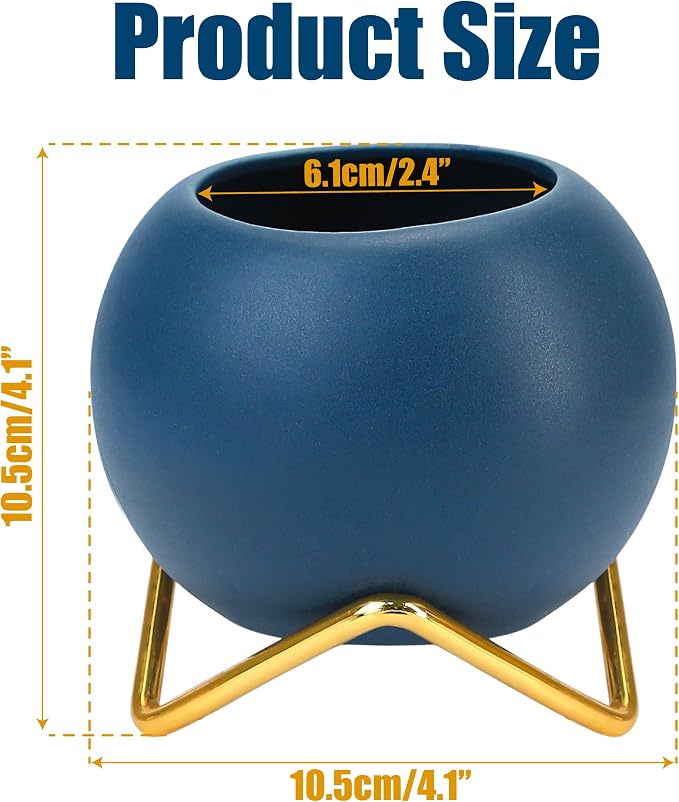 BuleVina 4” Ceramic Plant Flower Pot - Indoor Planter Pot with Gold Metal Stand for Herbs Orchids Cacti Succulents Potted Planter (Navy Blue)
