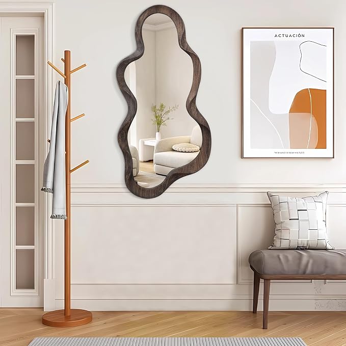 Asymmetrical Mirror for Wall Brown Irregular Wood Frame Modern Artistic Wall Mirror Decorative Vanity Bathroom Living Room Bedroom Entryway Hallway Cute and Stylish Cloud Mirror Large 36" x 20"