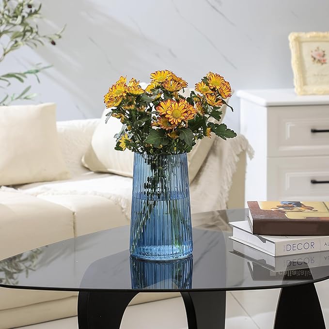 Blue Glass Vase for Flower, Flower Vase for Bouquet, Modern Glass Vases, Ribbed Vases for Living Room, Bedroom, Dining Table, Office, Wedding, Centerpieces, 8 Inches