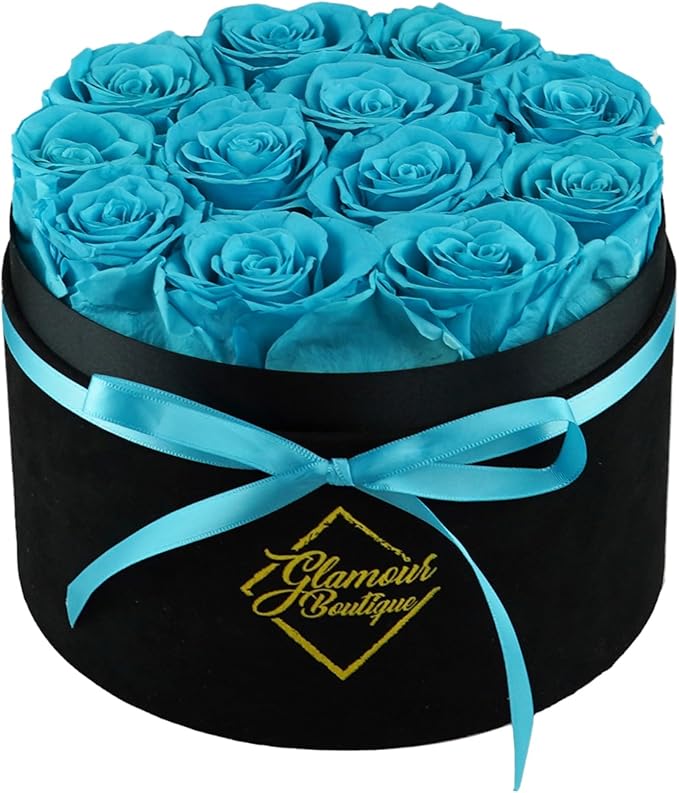 GLAMOUR BOUTIQUE Flowers Forever Gift Box 12 Real Preserved Roses in a Velvet Box, Birthday for Her Mom and Wife, Mothers Day, Anniversary, Graduation - Teal