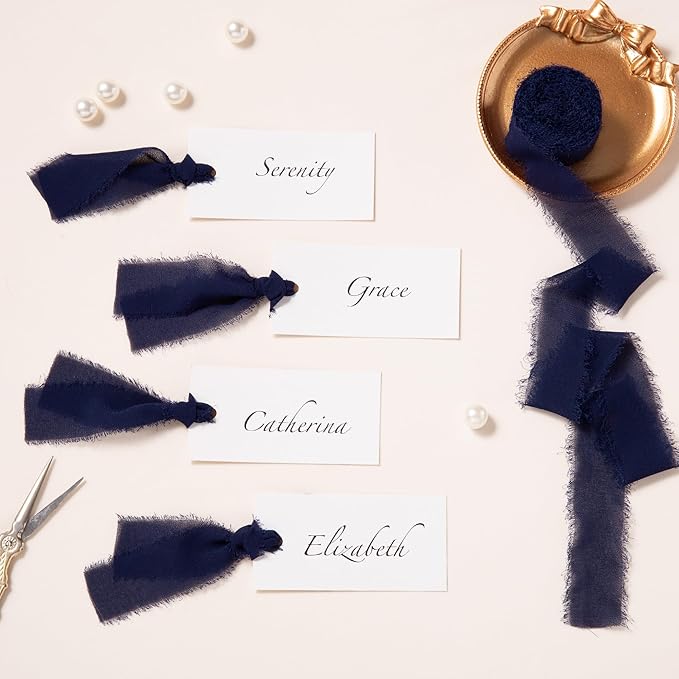 DORIS HOME Dark Navy Chiffon Ribbon for Flower Bouquet, 1" x21Yd Fabric Ribbon for Gift Wrapping, Handmade Frayed Ribbon for Wedding Invitations/Christmas Decorations