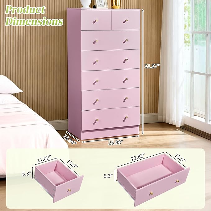 Karl home Pink 7 Drawer Dresser for Bedroom, Tall Dresser Chest of Drawers, Rustic Wood Bedroom Dressers Clothes Organizer, Anti-Tipping Device, Rose Gold Metal Handle, Living Room, Entryway, Office