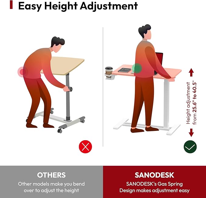 SANODESK Mobile Standing Desk with Hidden Wheels,Pneumatic Laptop Desk Rolling Computer Cart Movable Height Adjustable Small Sit Stand Desk for Home Office(27.6" W x 15.7" D, Pink)