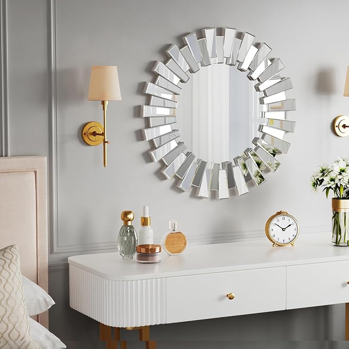 Silver Round Sunburst Wall Mirror - 26" Large Beveled and Birrored Edge Elegant Modern Bohemian Sun Wall Decorative Mirror for Entrance Bedroom Living Room Hallway Bathroom Fireplace Dining Room