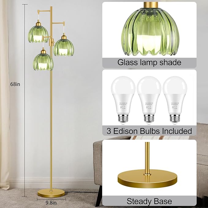 ZECOXOL Dimmable Floor Lamps for Living Room-3 Light Gold Floor Lamp with Three Bulbs & Glass Lampshape, Mid Century Modern Standing Lamp Tree Tall Flower Floor Lamp for Bedroom Living Room,Corner