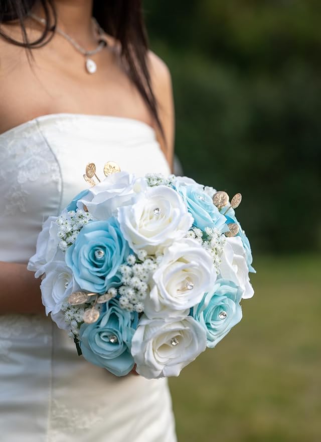Wedding Bouquets for Bride Bridesmaid Artificial Flowers White Blue Rose Bridal Wedding Tossing Bouquets for Wedding Church Bridal Shower Ceremony Anniversary Home Decor (White + Blue Rose)