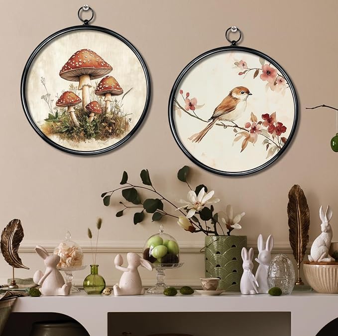XIAOAIKA Round Vintage Wall Hanging Decor, Printed Textured Surface with Wood Back, Mushroom Design, Black Metal Frame, Ready to Hang for Living Room Bedroom, 10 Inch