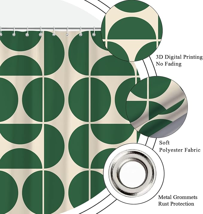 Green Mid Century Modern Shower Curtain, Boho Abstract Geometric Retro Art Bath Curtains for Bathroom, Colorful Unique Pattern Waterproof Polyester Fabric Bathroom Set 12 Hooks 72X84IN