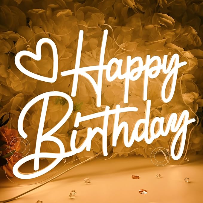 SYLHOME Happy Birthday Led Neon Light Sign Heart Birthday Party Bedroom Wall Sign Decor Banner Birthday Backdrop Light Up Sign 15.75" X 11.81" USB Dimmer Warm White 5V
