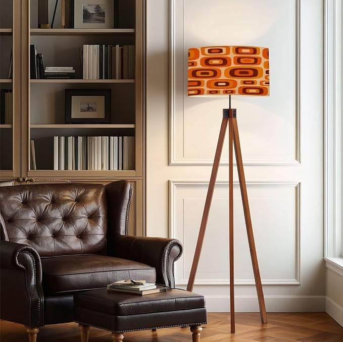 Wood Tripod Floor Lamp 70s Retro Seamless Pattern Orange Brown Yellow Beige 60s 70s Retro Mid Century Standing Lamp Linen Shade Dimmable Modern Tall lamp Home Decor for Living Room Bedroom Office
