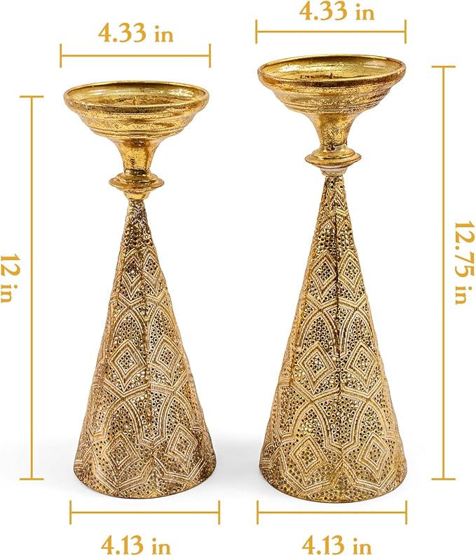 Farmhouse Gold Candle Holders for Pillar Candles, Metal Distressed Set of 2 Retro Flower Design Pillar Candle Stand Dual Use, Can be Vase Table Centerpiece Decor for Fireplace, Living, and Dining Room