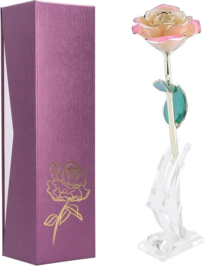 Fafeicy 24K Gold Rose Eternal Flower Preserved in Crystal Resin with Stand for Home Office Lasting Decor