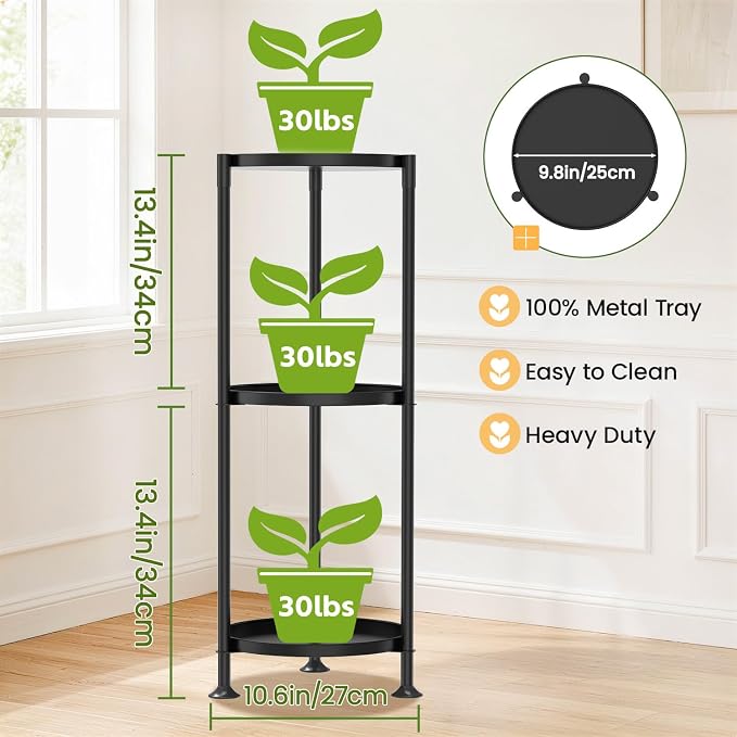 LASZOLA 3 Tier Plant Stand Indoor with Large Metal Tray, Corner Round Flower Holder Rack Tall Outdoor, Morden Planter Display Shelf for Patio Porch Garden Office Living Room, Black