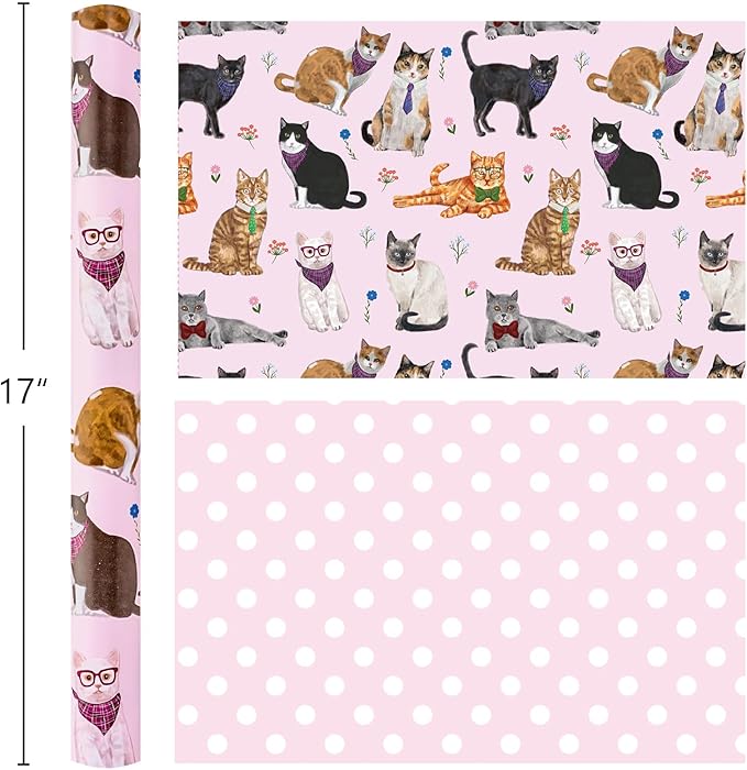 Burymento Pink Lovely Cat Wrapping Paper, Reversible Wave Point Gift Wrap for Birthday, Valentines, Mothers day, Graduation, Wedding, Fathers day, Baby Shower, Christmas (17in x 16.4ft)